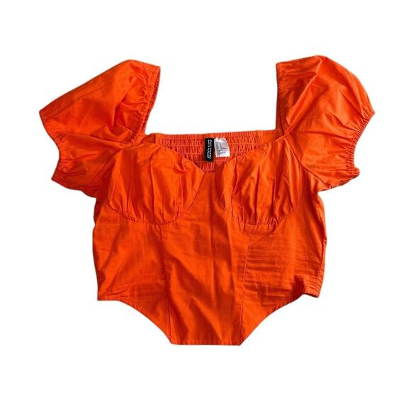Divided By H&M Orange Corset Blouse Sz XS Puffed Sleeve Smocked Crop Top - Picture 5 of 7